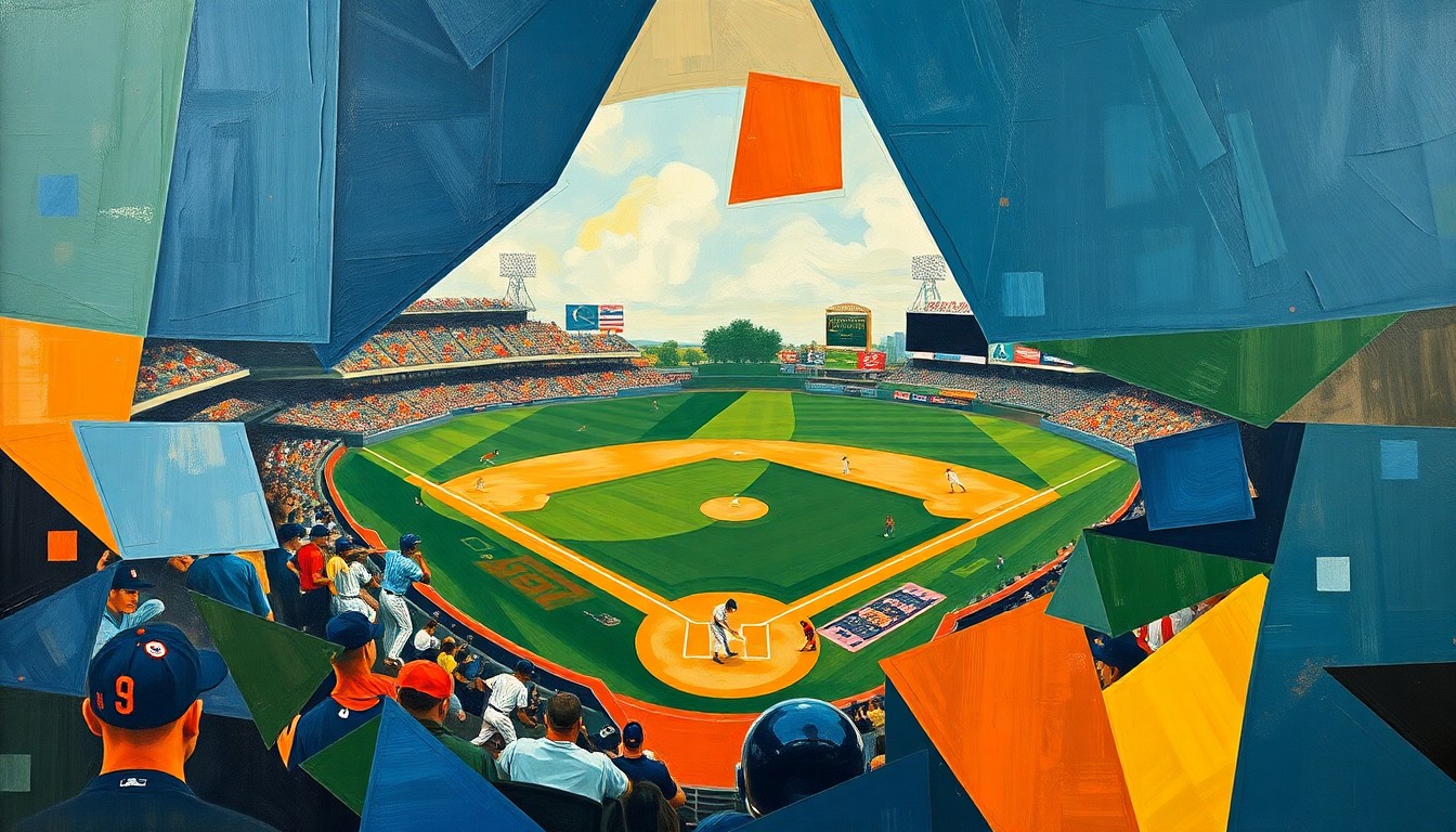 A cubist-style painting depicting a baseball game broken down into sharp, overlapping geometric shapes and planes in a vibrant color palette, conveying the raw intensity and movement of the sport.