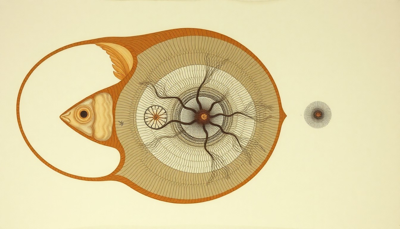 A highly textured abstract painting in earthy greens, browns, and blues, featuring sweeping curved lines, concentric circles, and intricate botanical spirals, visually representing the complex genetic and reproductive mechanisms that allow the all-female Amazon molly fish to survive and adapt without males.