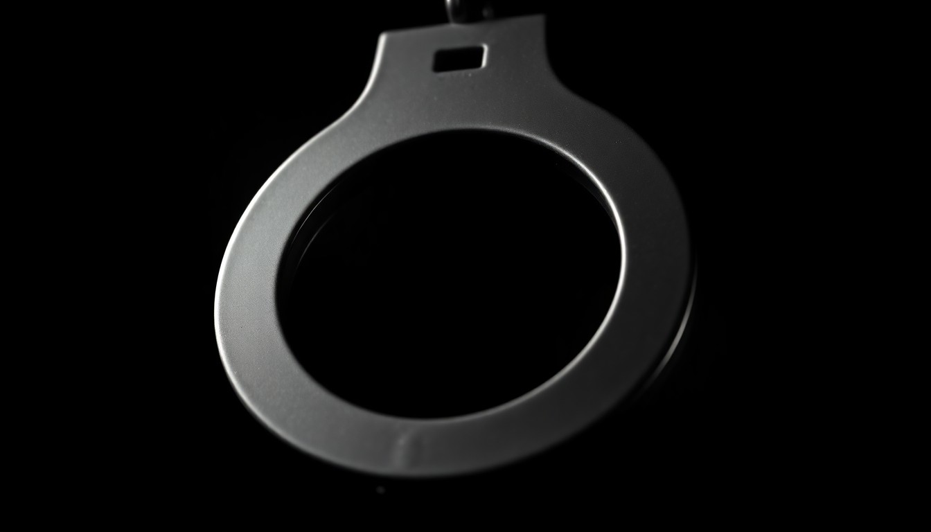 An extreme close-up photograph of a police badge or handcuff, capturing the dramatic textures and shadows under harsh flash lighting to convey a sense of investigation and scrutiny.