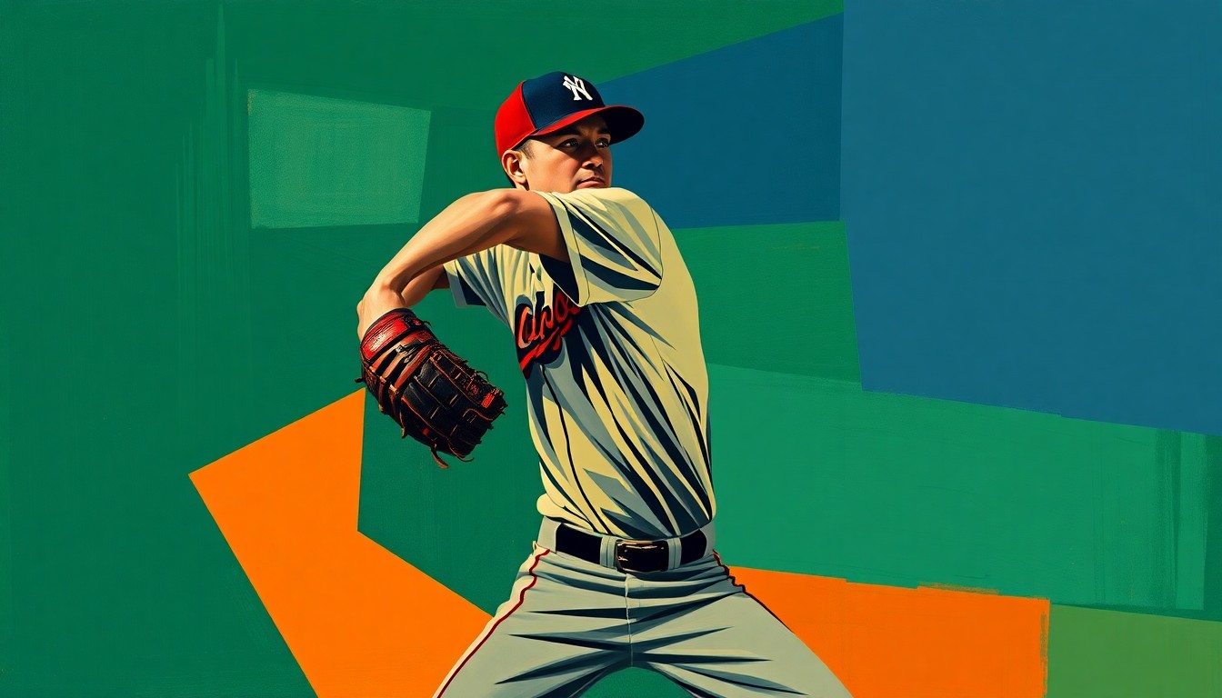 A fragmented, geometric painting depicting a baseball pitcher's motion broken down into sharp, overlapping planes of color, conceptually representing the disruptive impact of migraines on a star player's performance.