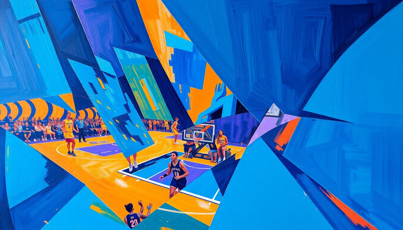 A fragmented, cubist-style painting depicting the dynamic movements and energy of a WNBA basketball game, with sharp geometric shapes and planes in a vibrant color palette.
