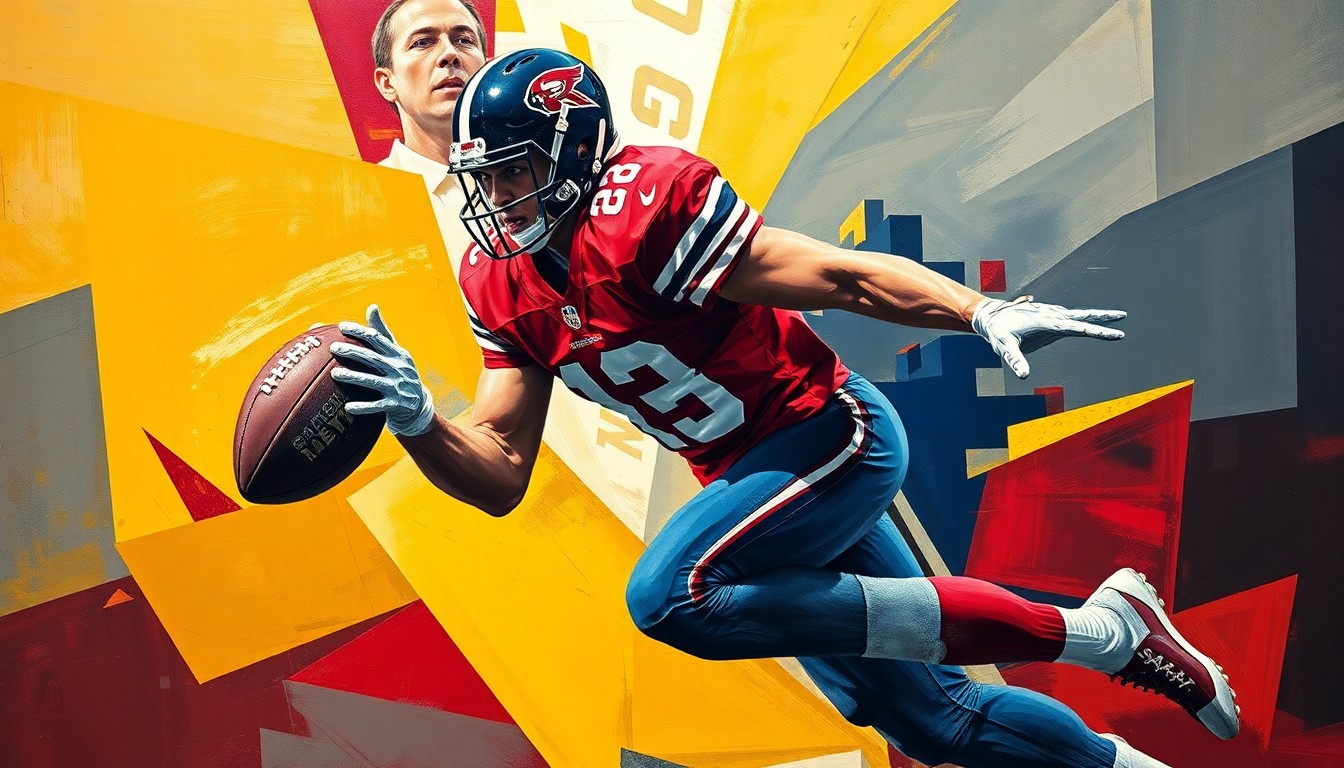 A fragmented, cubist-style painting depicting a defensive back in motion, with sharp geometric shapes and planes of crimson, navy, and gold colors representing the dynamic action of a football play.