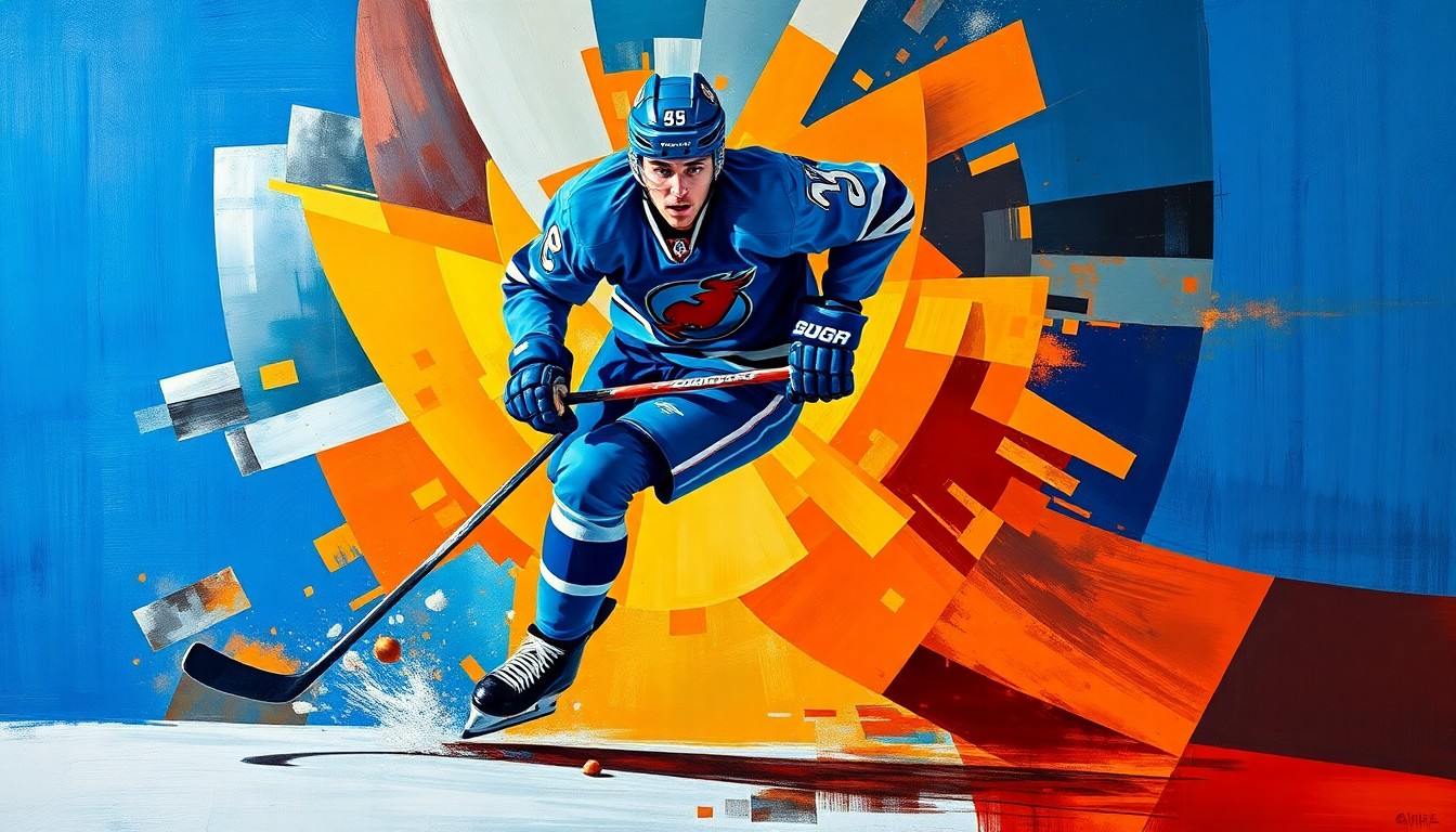 A fragmented, geometric painting depicting a hockey player in motion, with sharp planes of royal blue, fiery orange, and metallic silver, conceptually representing the Oilers' determined playoff push.