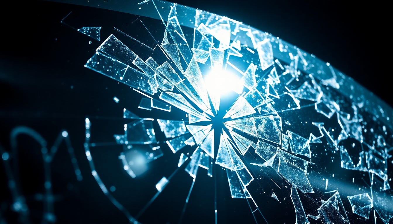 An extreme close-up photograph of shattered car window glass reflecting the harsh light of a camera flash, conveying the gritty, investigative nature of the tragic accident scene.