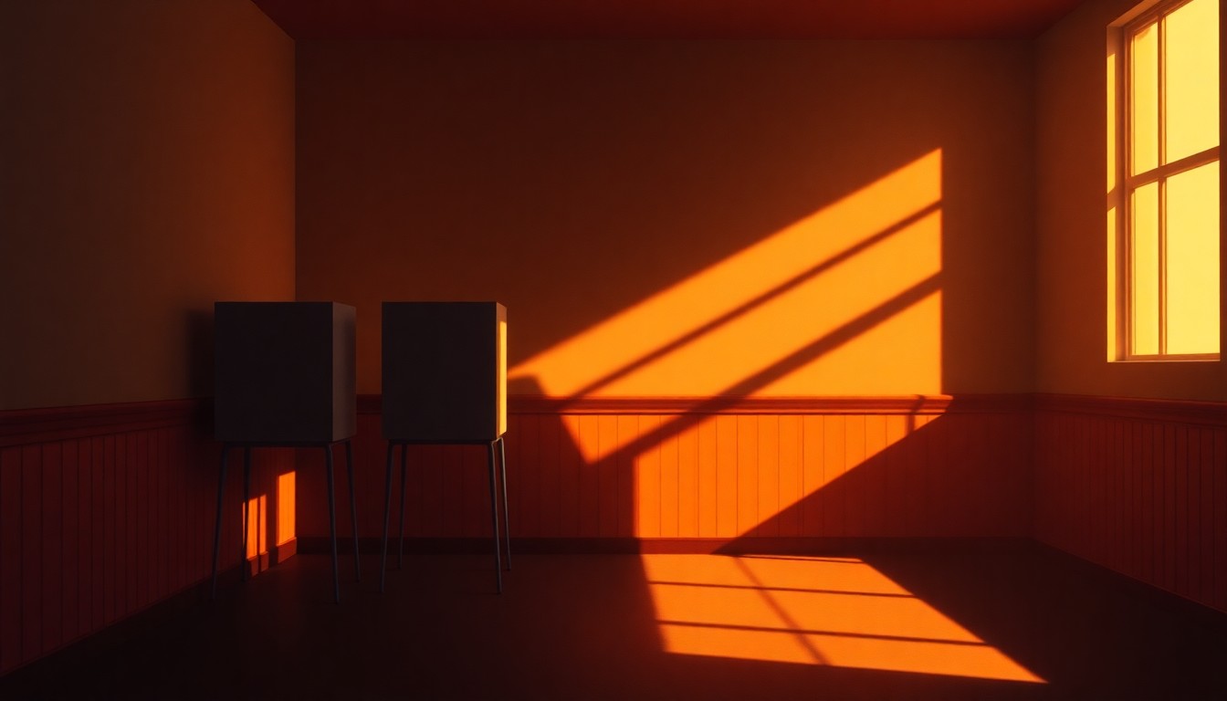 A dimly lit, cinematic painting of an empty voting booth, with warm sunlight streaming in through a window and deep shadows enveloping the scene, conveying a sense of uncertainty and unease about the state of voting rights.