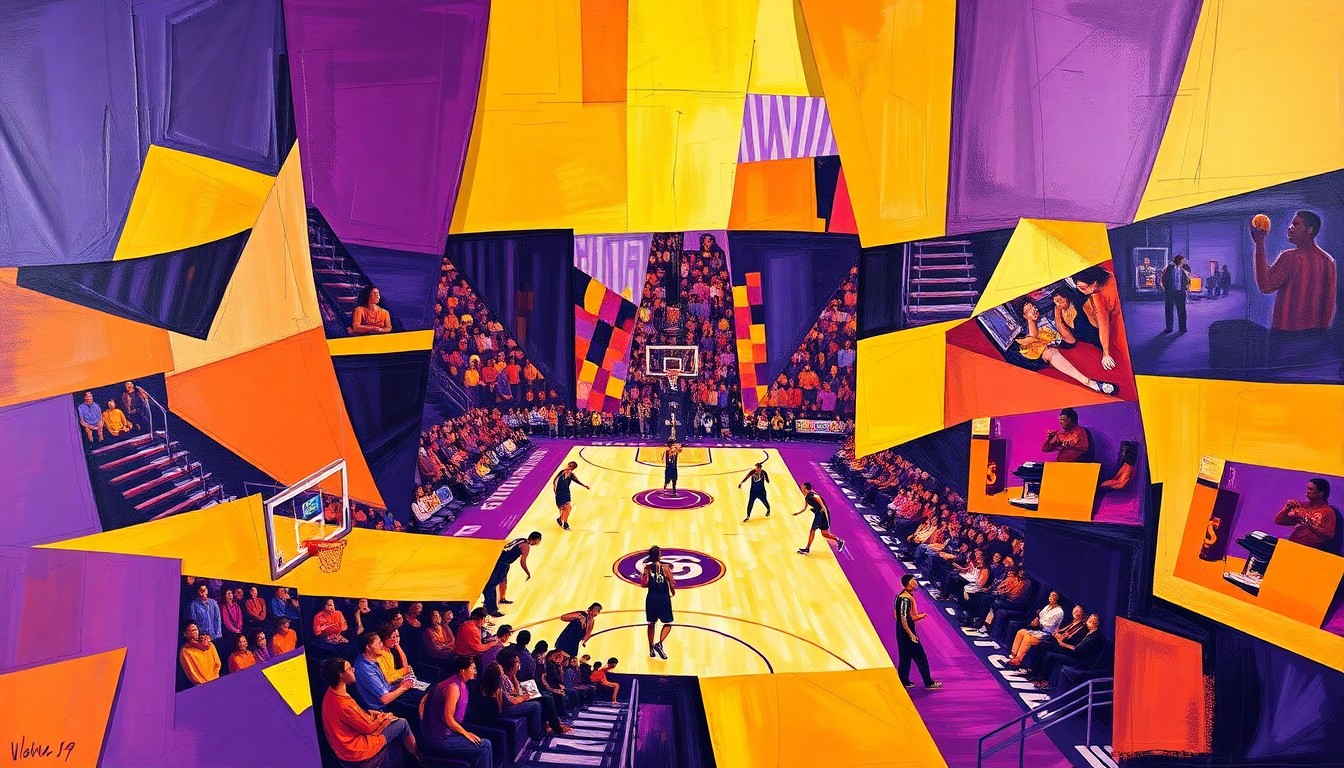 A cubist, geometric painting depicting a fragmented WNBA basketball game, with sharp planes of purple and gold colors representing the Sparks' team colors.