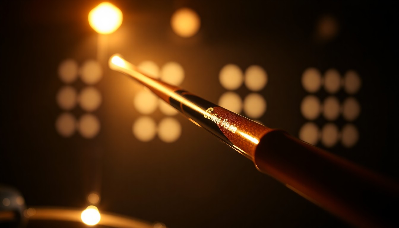 An extreme close-up of Ringo Starr's drumsticks, captured in dramatic, high-contrast studio lighting that highlights the intricate textures and reflections of the wooden instruments, conceptually representing the enduring legacy and glamour of the legendary musician.
