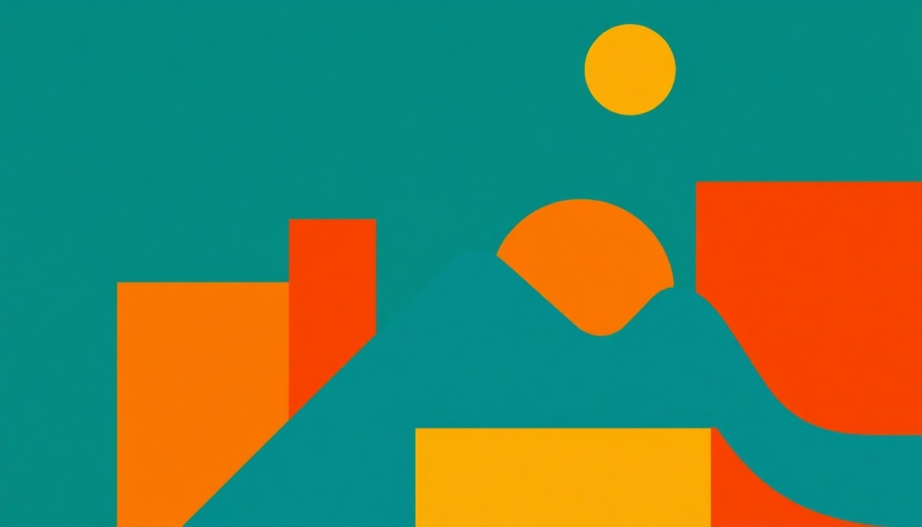 A minimalist abstract illustration using bold geometric shapes and primary colors to conceptually represent economic metrics and trends without any text or literal imagery.
