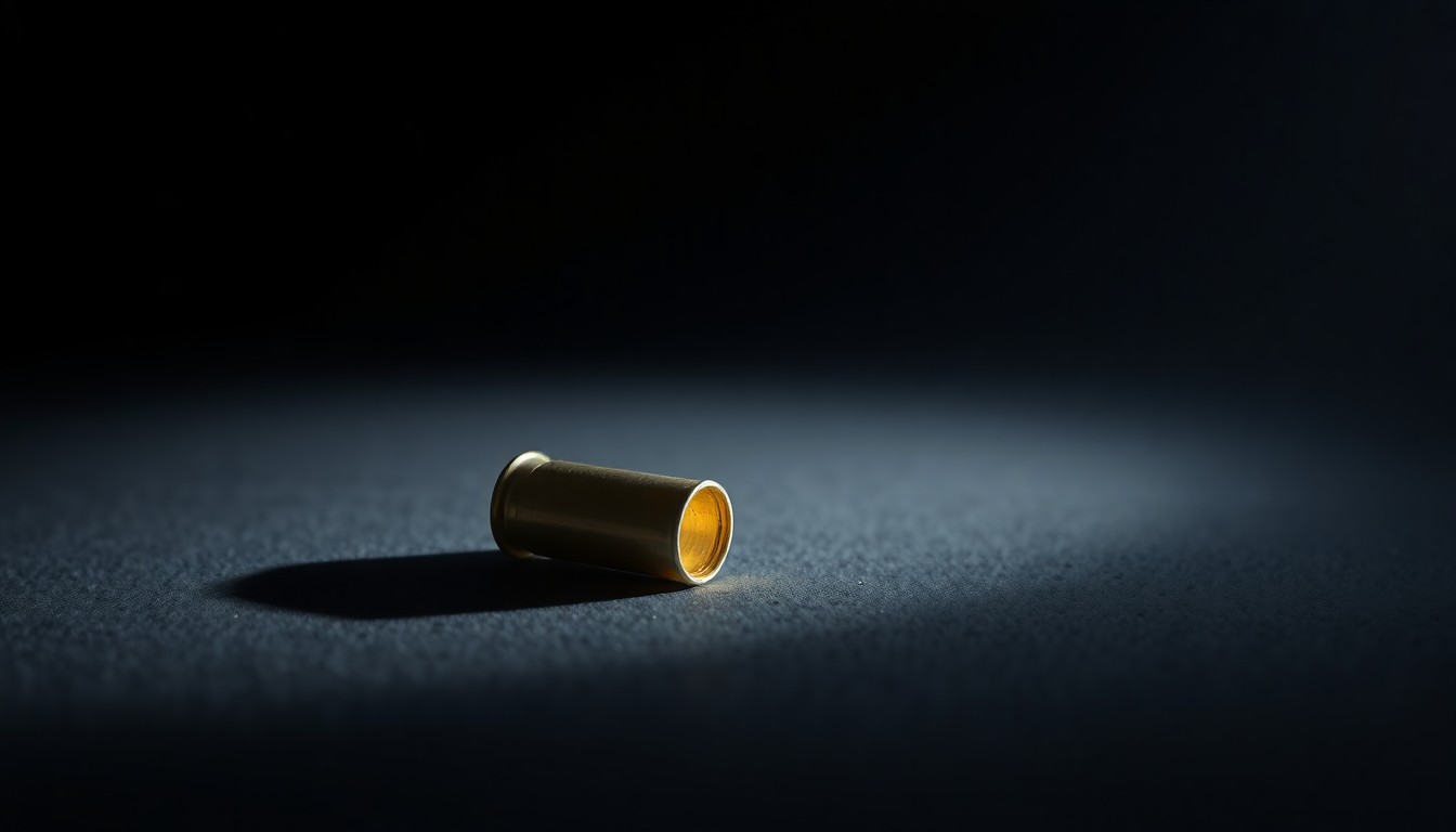 An extreme close-up photograph of a single spent shell casing on a dark surface, capturing the dramatic texture and material details under harsh, direct lighting to convey a sense of investigative urgency without depicting any violence.