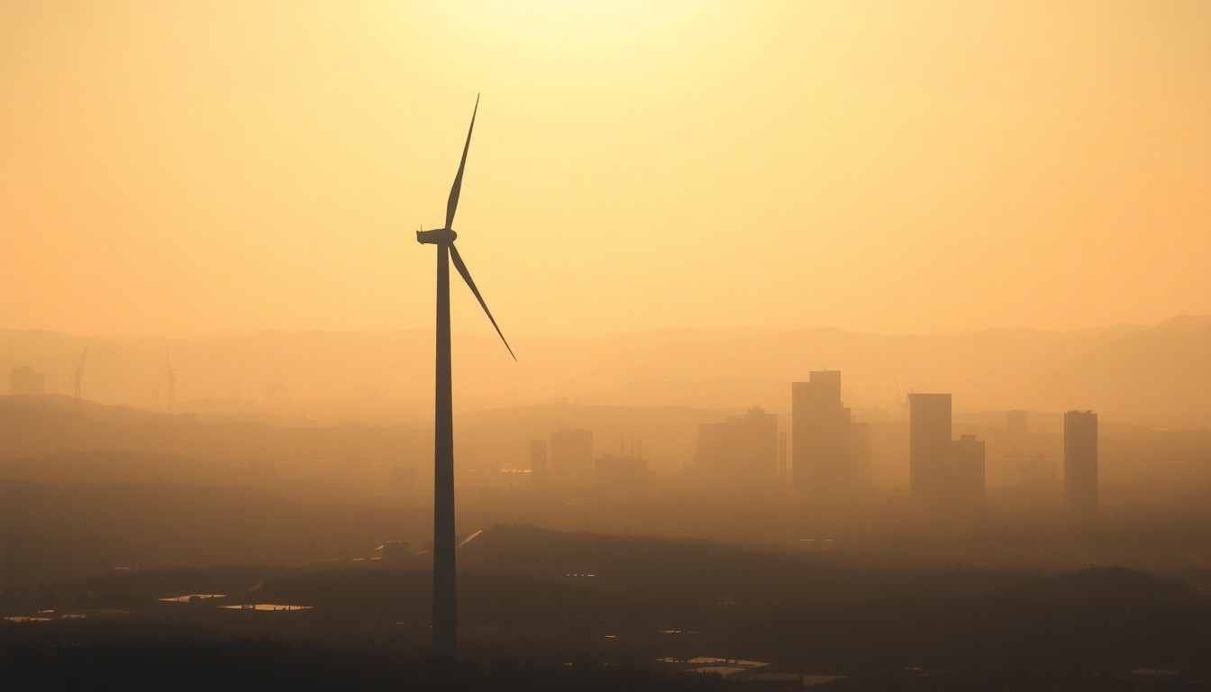 A serene, photorealistic painting of a solitary wind turbine standing tall against a backdrop of a dimly lit urban skyline, with warm sunlight casting long shadows across the scene, conveying a sense of quiet contemplation about the state's energy future.