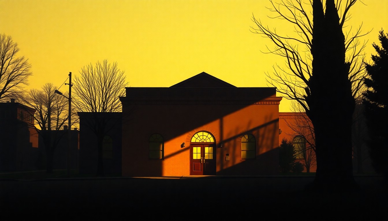 A serene, cinematic painting of a Jewish community center or synagogue building, its facade bathed in warm, golden light and deep shadows, conveying a sense of quiet contemplation and unease.