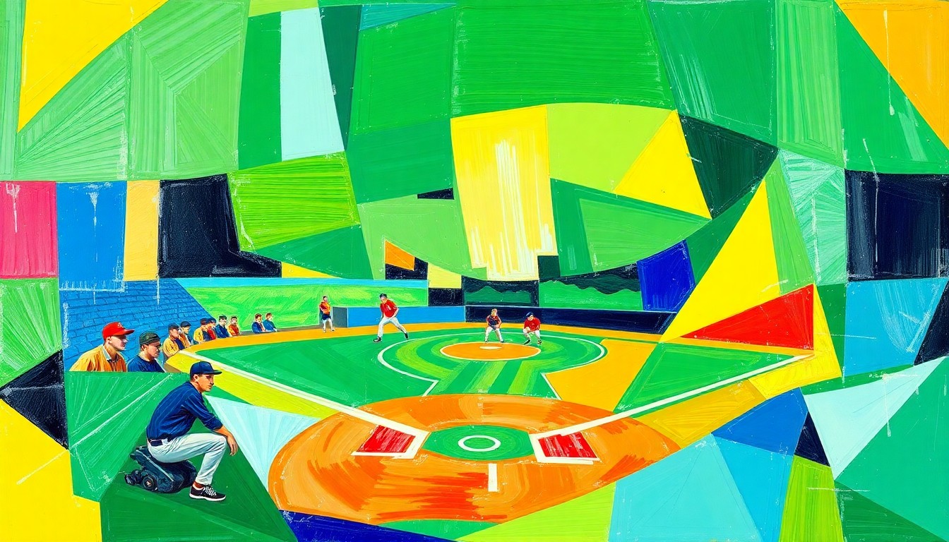 A cubist, fragmented painting featuring overlapping shapes and planes of bright green, blue, and yellow, conceptually representing the dynamic action and talent of a high school softball game.
