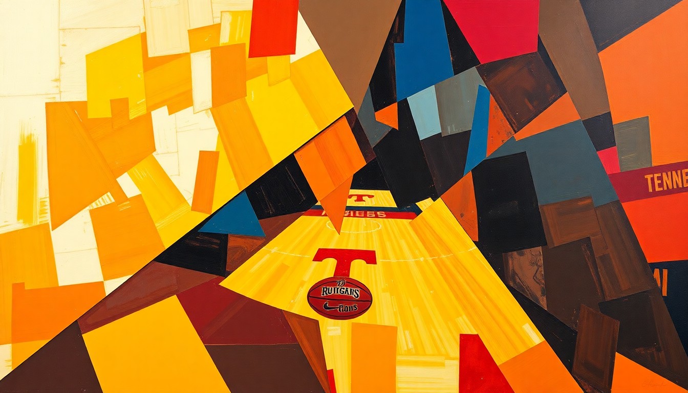 A cubist, geometric painting depicting a basketball game or match, with sharp, overlapping planes of color representing the action on the court.