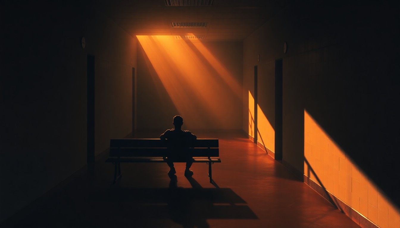 A cinematic painting depicting a solitary figure sitting on a bench in a dimly lit, shadowy hallway of an immigration detention center, the scene bathed in warm, diagonal sunlight and deep shadows, conveying a sense of isolation and despair.