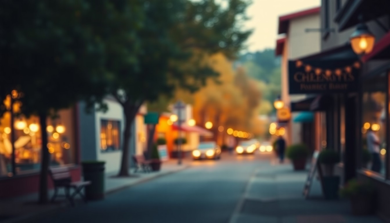 An impressionistic, blurred photograph of a charming small-town street scene, with warm hues of orange, yellow, and blue creating a dreamlike, nostalgic atmosphere.