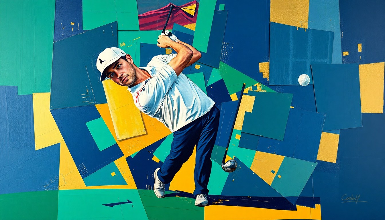 A fragmented, cubist-style painting depicting a golfer's swing and celebration, broken down into sharp, overlapping planes of navy, emerald, and gold.