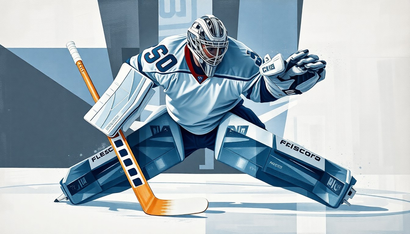 A fractured, cubist-style painting depicting the movements and actions of a hockey goalie, with sharp, overlapping geometric planes in muted blues, grays, and whites, conceptually representing the technical and analytical nature of the goaltending position.