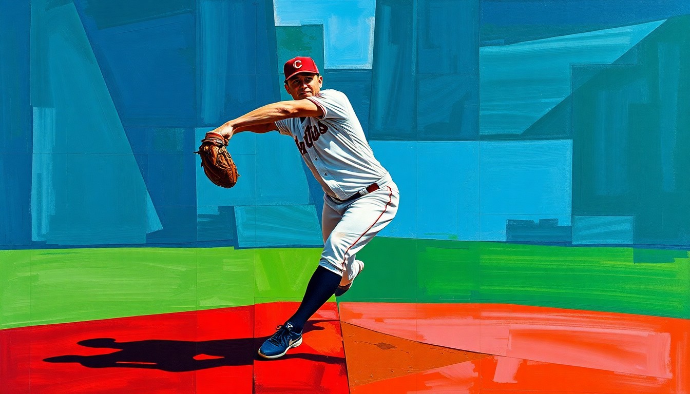 A fractured, cubist-style painting depicting a baseball pitcher's windup and delivery, with sharp geometric planes in vibrant colors representing the dynamic and experimental nature of the White Sox's pitching strategy.