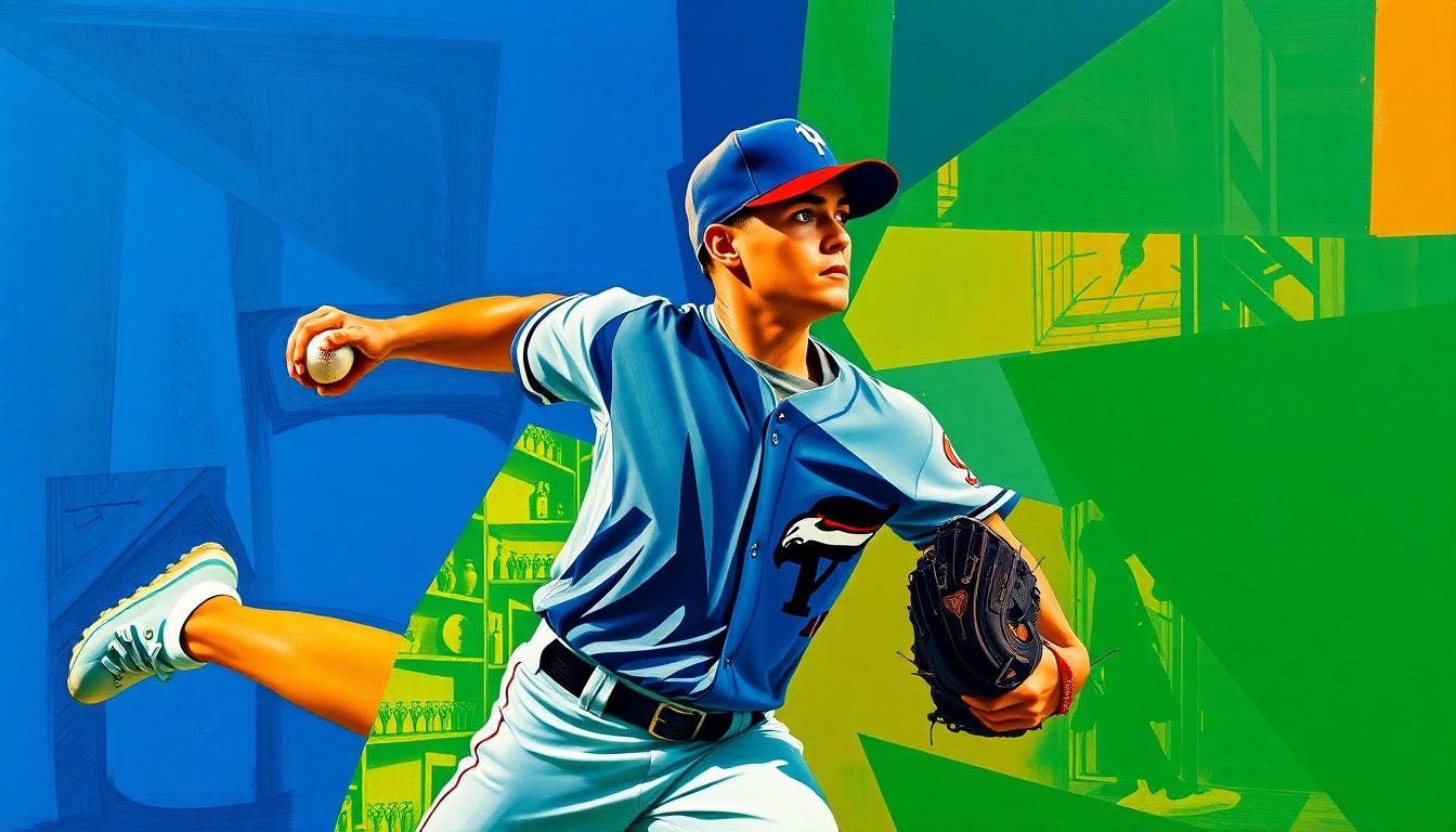 A cubist, geometric painting depicting a baseball pitcher's delivery broken down into overlapping planes of navy blue, forest green, and burnt orange, capturing the dynamic, multi-dimensional nature of Morris' pitching approach.