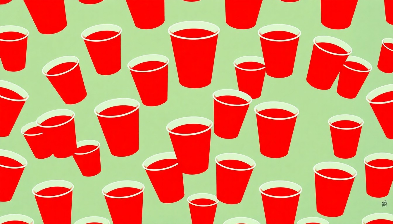 A bold, colorful silkscreen print featuring a repeated image of a red solo cup, conceptually representing the party culture and potential excesses of Spring Break.