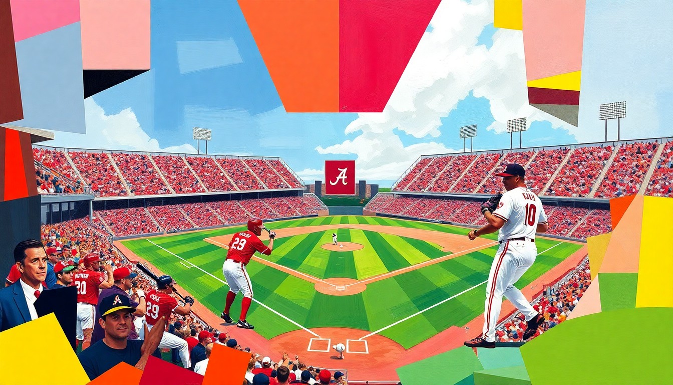 A fragmented, cubist-style painting depicting a college baseball game, with the players and field broken down into sharp, overlapping geometric shapes and planes in the colors of the Arkansas Razorbacks and Alabama Crimson Tide uniforms.