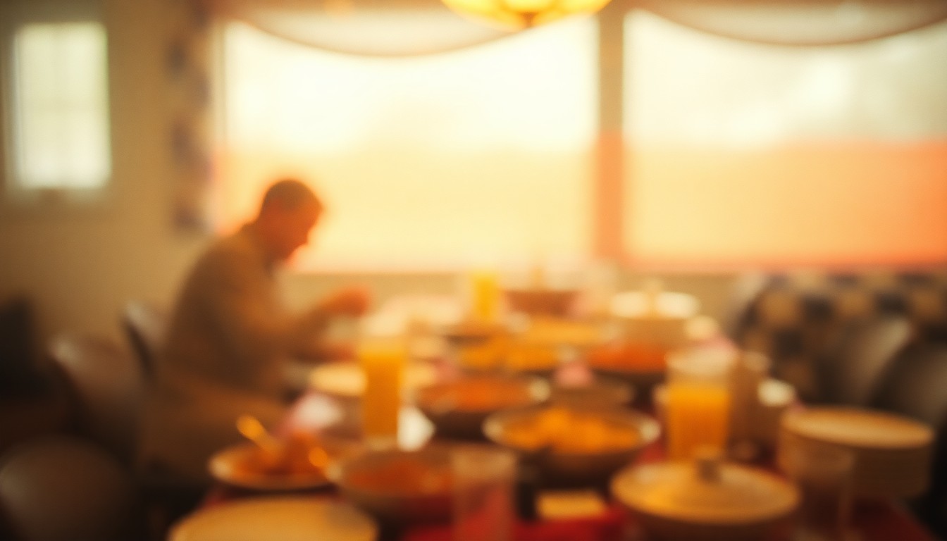 An impressionistic, out-of-focus image of a potluck table, with various blurred dishes and serving utensils visible through a hazy, warm-toned filter, conveying the communal atmosphere of a potluck event.