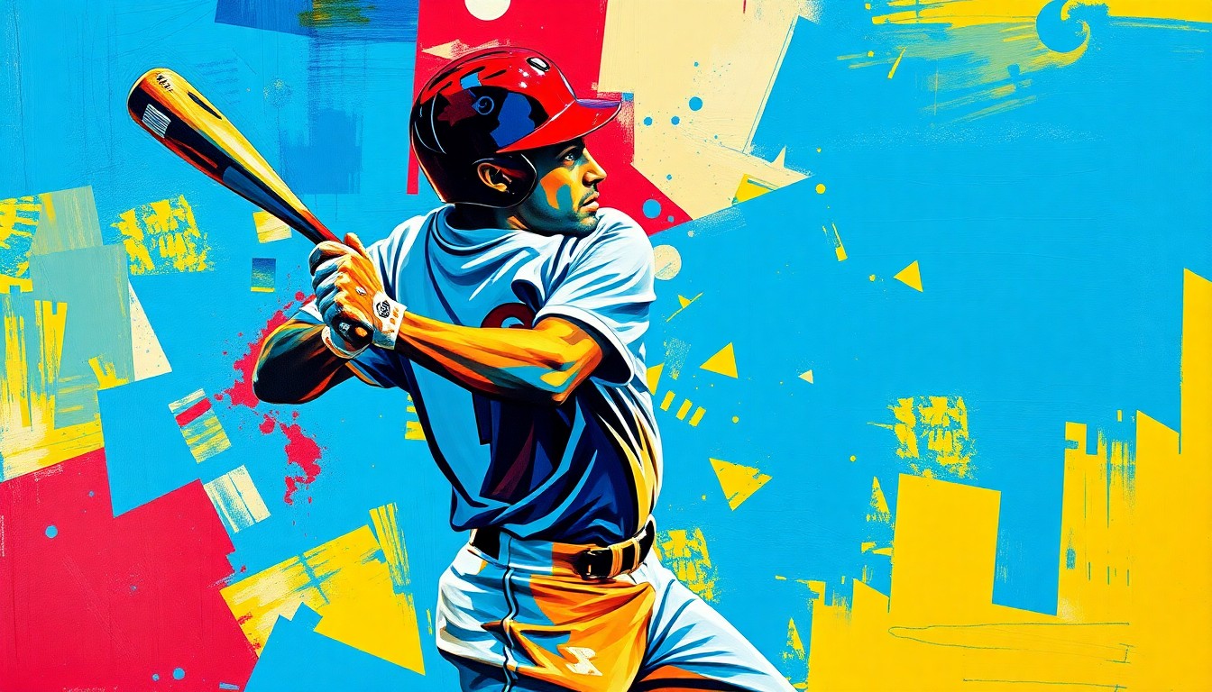 A fragmented, geometric painting in bold colors depicting a baseball player in motion, with their form broken down into sharp, overlapping planes, conveying the disjointed nature of a team coping with key injuries.