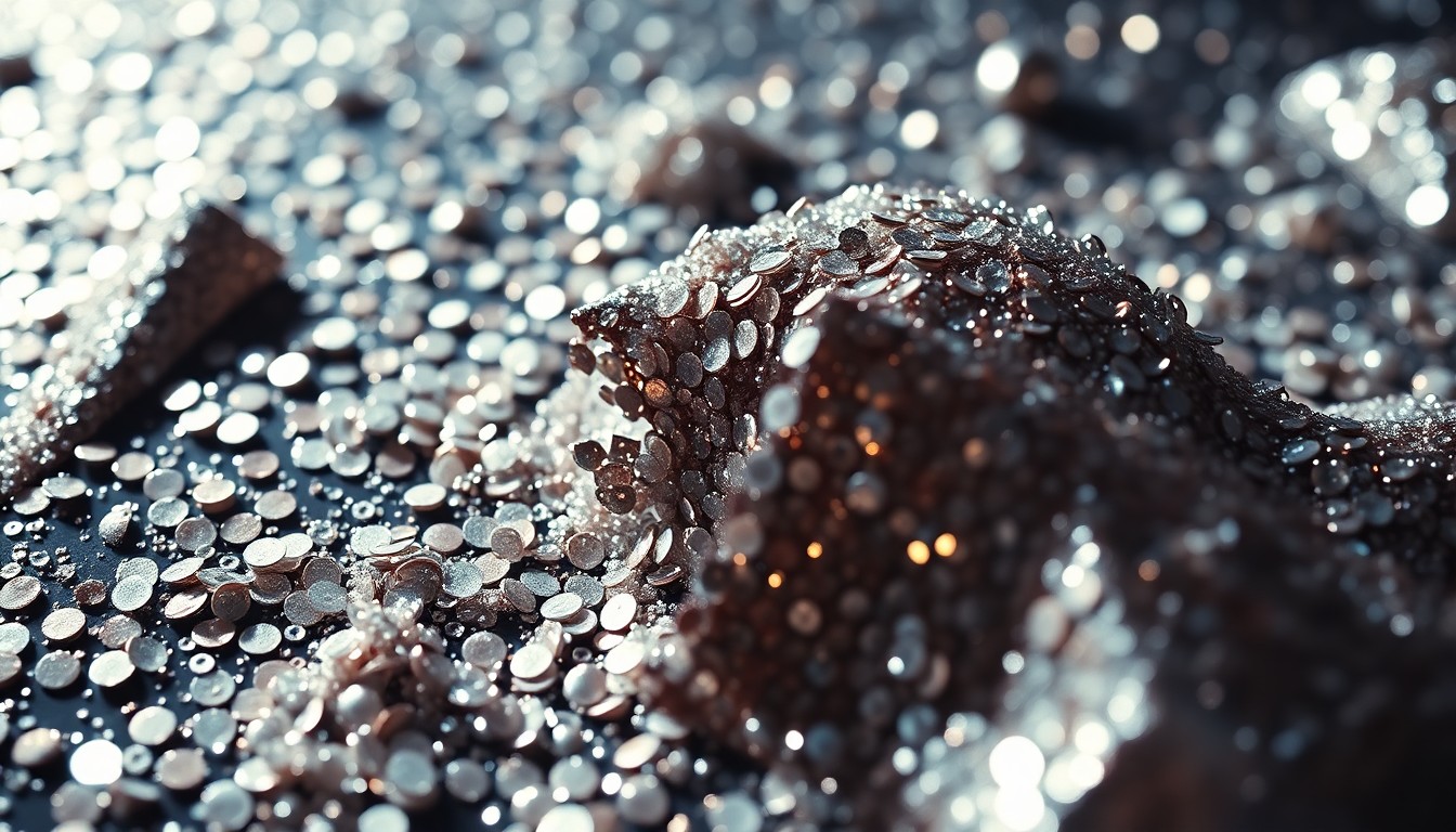 An extreme close-up photograph of shimmering sequins and shattered glass, capturing the luxurious textures and dramatic lighting of 1990s fashion photography.