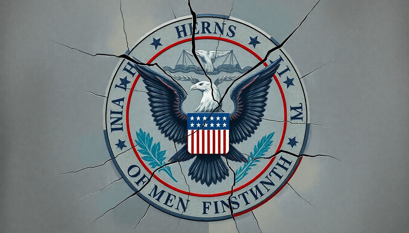 A fragmented, abstract painting featuring overlapping geometric shapes and waves of muted blue, grey, and red tones, conceptually representing the political dysfunction and division surrounding the government shutdown.