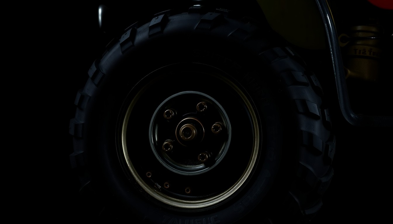 An extreme close-up photograph of a damaged ATV wheel part against a pitch-black background, lit by a harsh, direct camera flash, conceptually illustrating the aftermath of a serious accident.