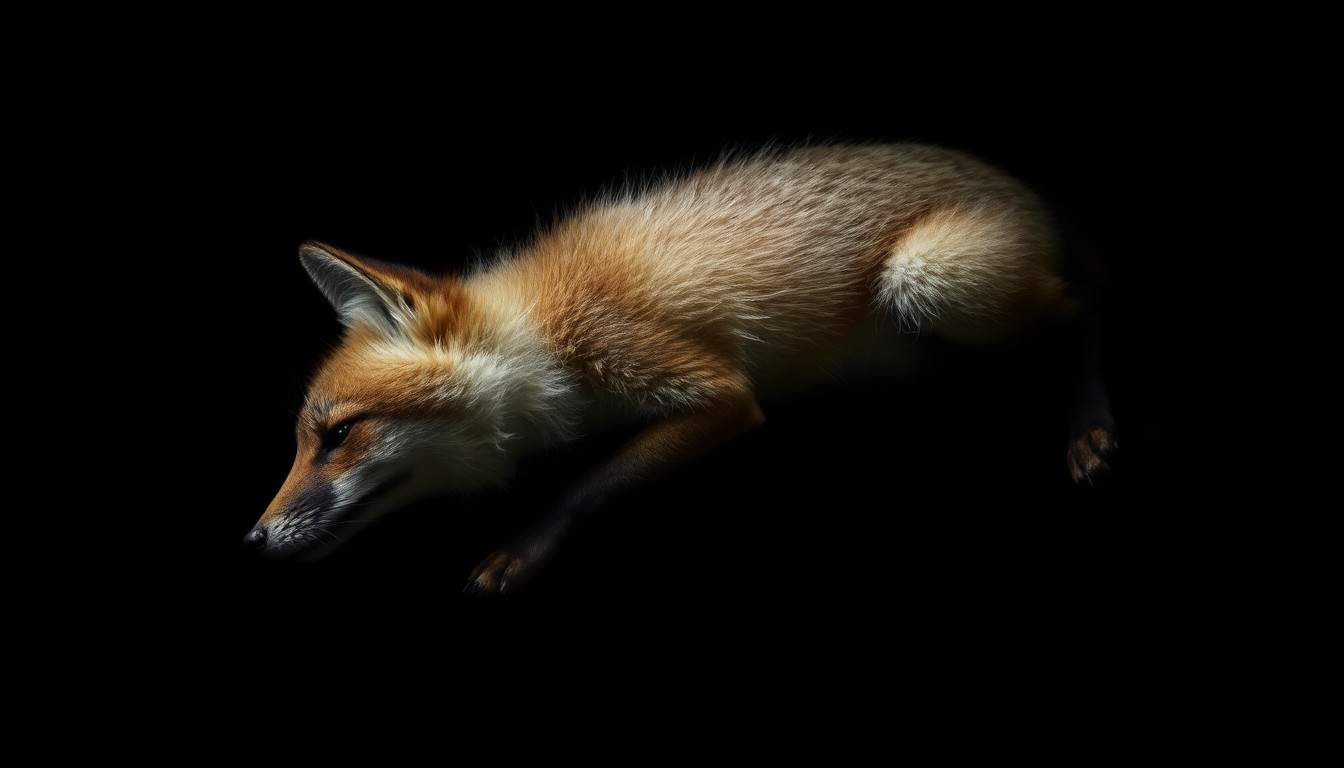 An extreme close-up photograph of a single fox carcass, its fur matted and skin discolored, lit by a harsh, direct camera flash against a pitch-black background, conveying a stark, gritty, and investigative aesthetic without depicting blood, gore, or violence.