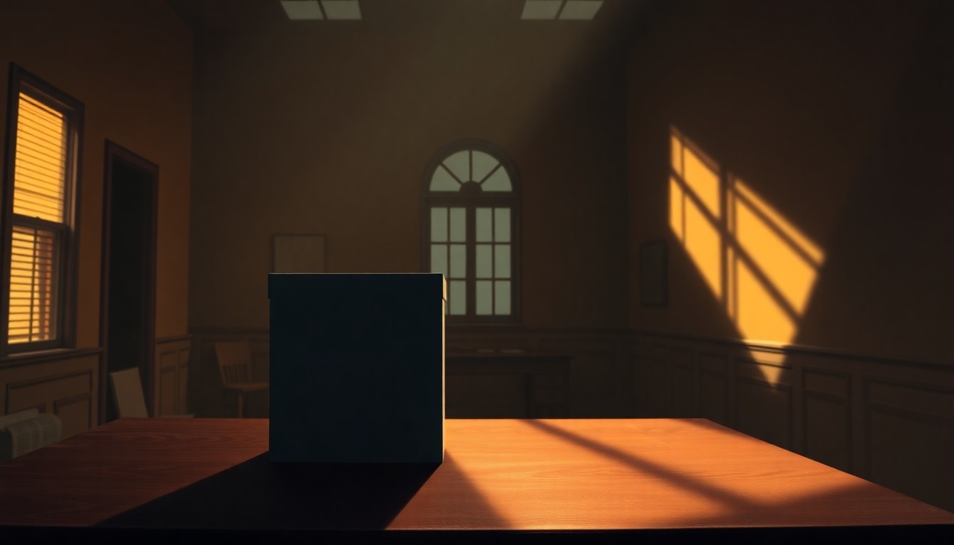 A photorealistic oil painting depicting an empty government office desk with a lone ballot box sitting in the center, the scene bathed in warm, dramatic lighting and deep shadows that create a sense of solemnity and contemplation.