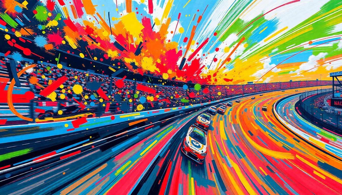 An abstract, expressionist painting in vibrant neon colors, capturing the kinetic energy and movement of a NASCAR race at Fairgrounds Speedway, with the track and cars dissolving into unrecognizable splatters of paint.