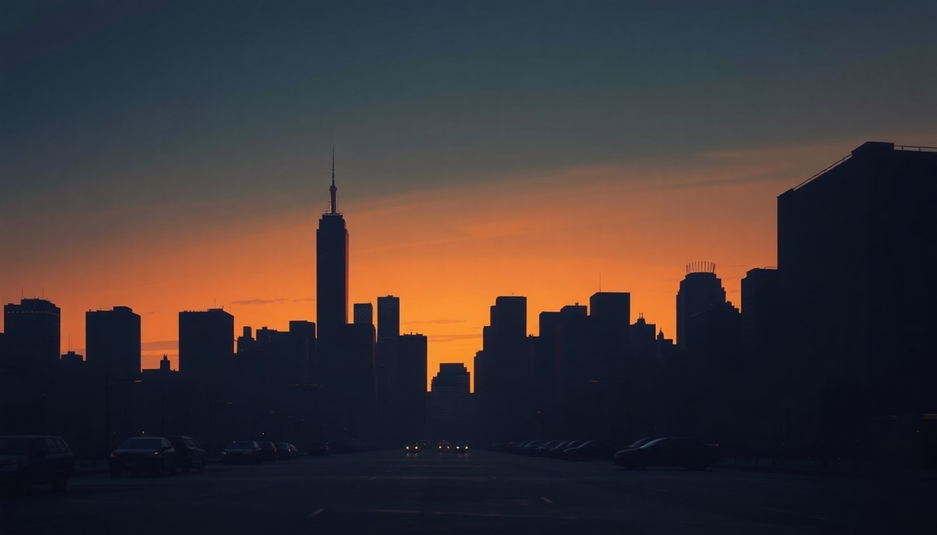 A serene, cinematic painting of the New York City skyline at dusk, with warm sunlight casting long shadows across the buildings, conceptually representing the complex political and economic landscape facing the city's new mayor.