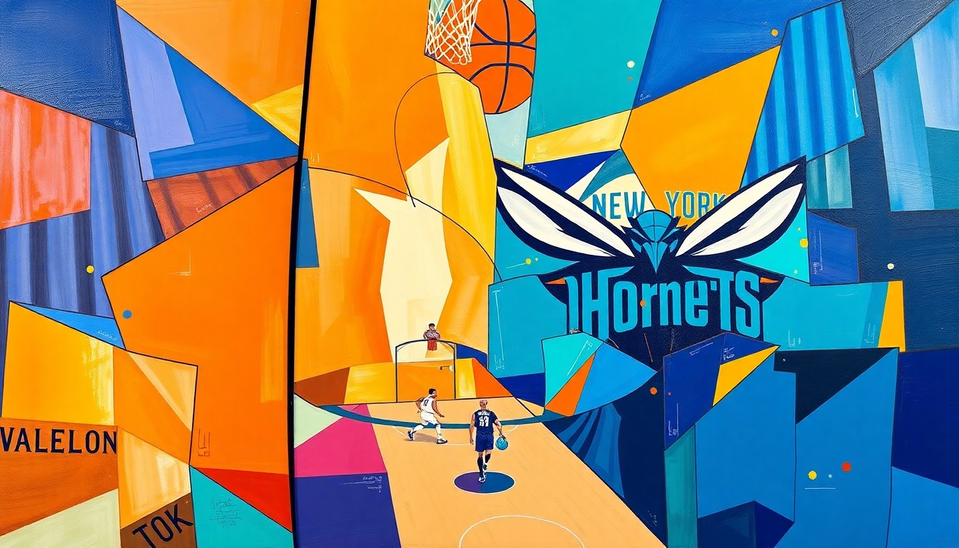 A fractured, multi-perspective painting depicting a basketball game between the New York Knicks and Charlotte Hornets, with the players and court broken down into sharp, overlapping geometric shapes in vibrant colors.