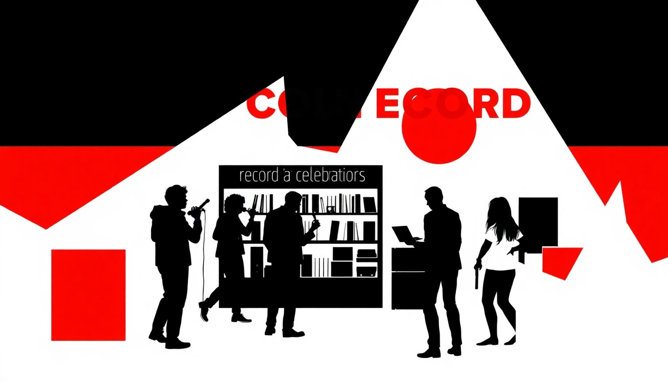 A dynamic, abstract composition of geometric shapes and bold silhouettes in high-contrast red and white, capturing the celebratory energy of a local record store event.