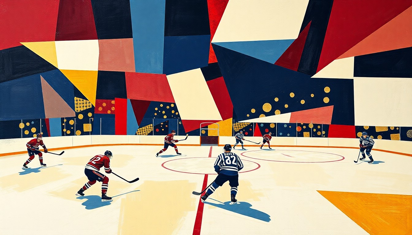 A cubist, geometric painting depicting a hockey game, with the players and action broken down into sharp, overlapping planes of navy blue, red, white, and gold colors.