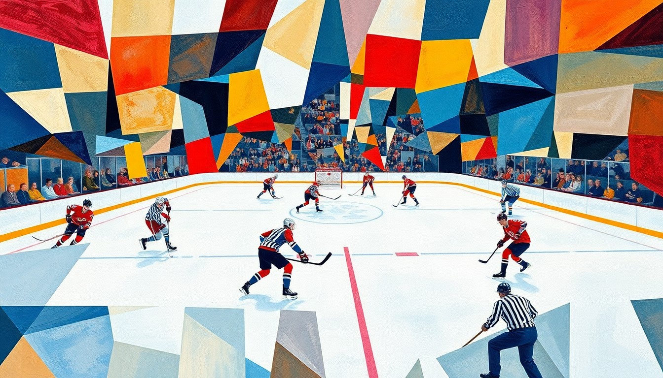 A cubist, geometric painting depicting a hockey game or match, with the players and ice rink broken down into abstract shapes and planes of color, capturing the dynamic energy and movement of the sport.