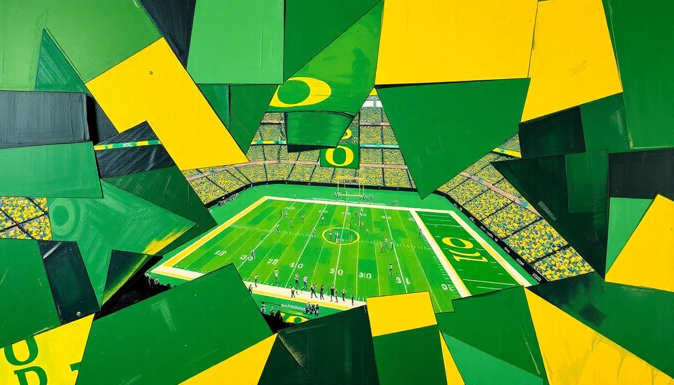 A fragmented, cubist-style painting depicting an Oregon Ducks football game, with the players and field broken down into sharp, overlapping geometric shapes in the team's green and yellow colors.