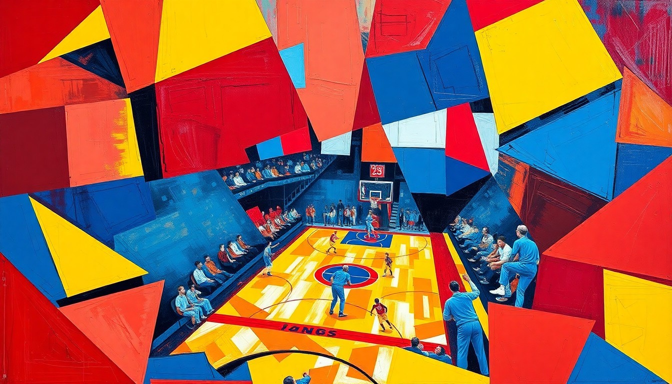 A fractured, cubist-style painting depicting a Pistons basketball game, with sharp, overlapping geometric shapes in vibrant colors representing the team's collective energy and strategic dominance.