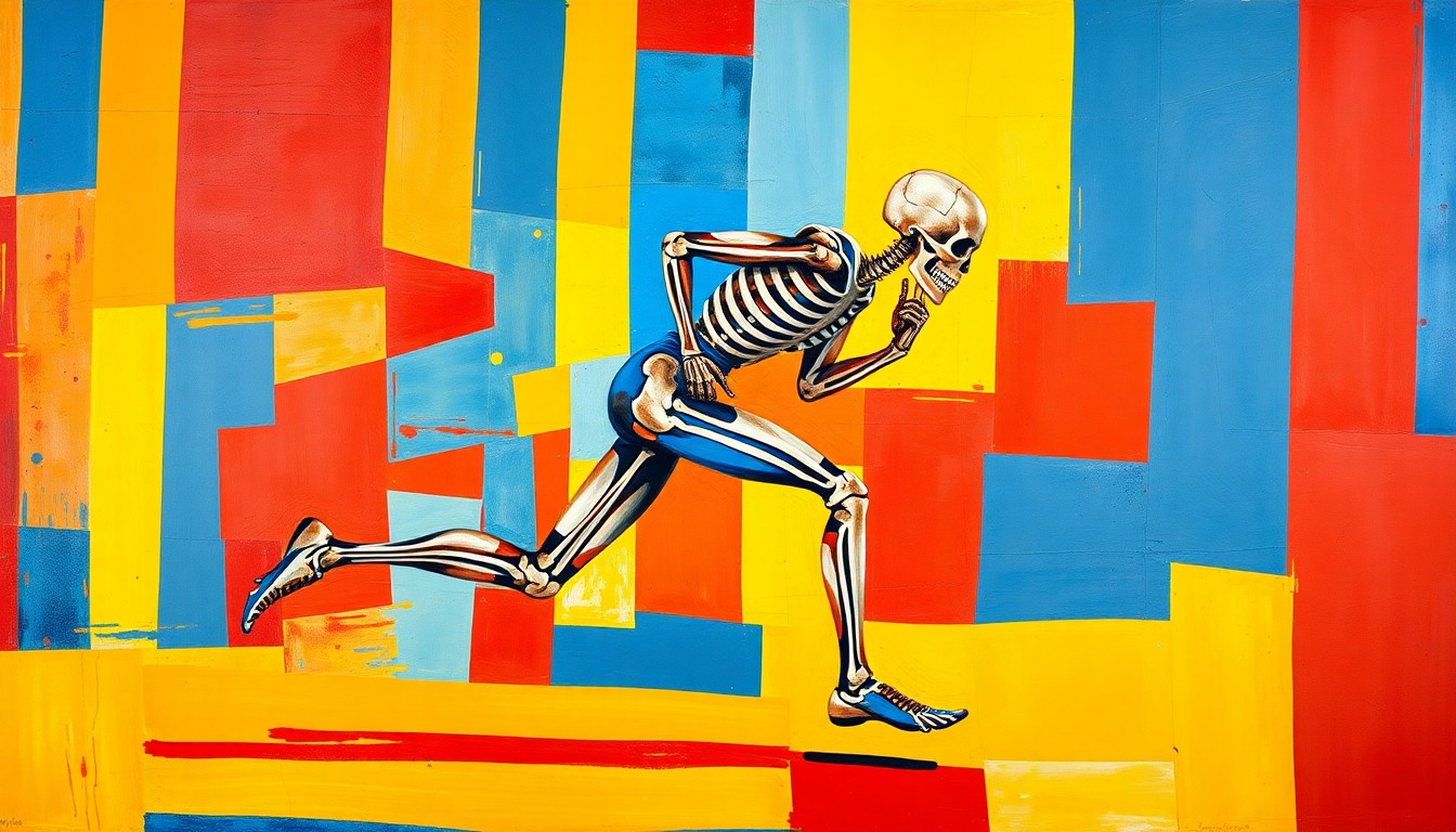 A cubist-style painting depicting a skeleton athlete in mid-race, broken down into sharp, overlapping geometric shapes in a vibrant color palette, conceptually representing the complex and fragmented nature of Olympic qualification.