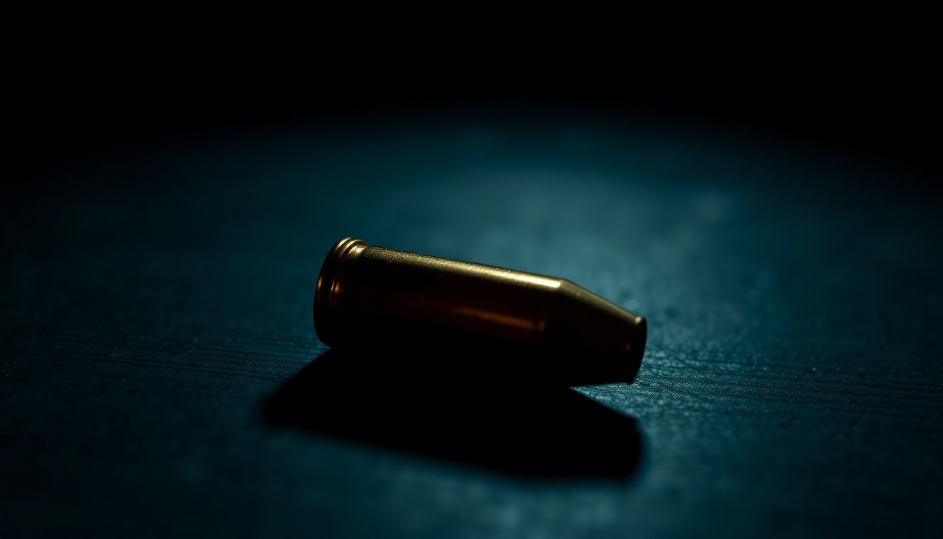 An extreme close-up photograph of a single spent bullet casing on a dark surface, lit by a harsh, direct camera flash, conceptually representing the aftermath of a sudden, violent incident in a public place.