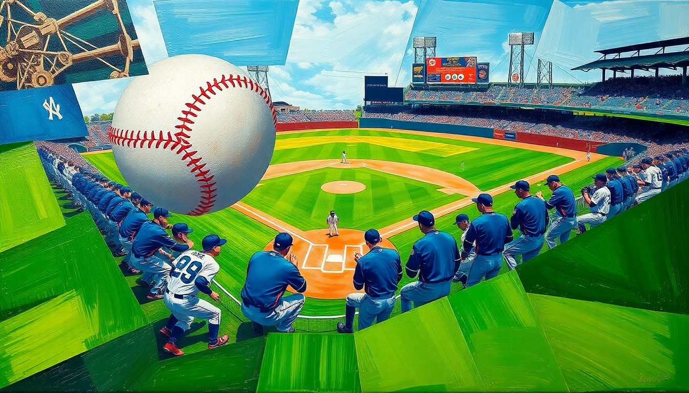 A fragmented, geometric painting depicting a baseball game, with overlapping planes of green, blue, and white representing the field, uniforms, and ball.