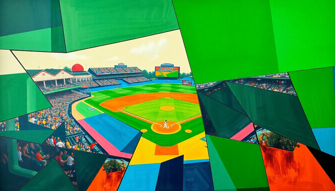 A fractured, cubist-style painting depicting a baseball game or match broken down into sharp, overlapping geometric planes of vibrant green, blue, and orange. The players and field are reduced to abstract shapes, with no recognizable faces or logos, capturing the complex, multi-faceted nature of the Pirates' decision on McCutchen's future.