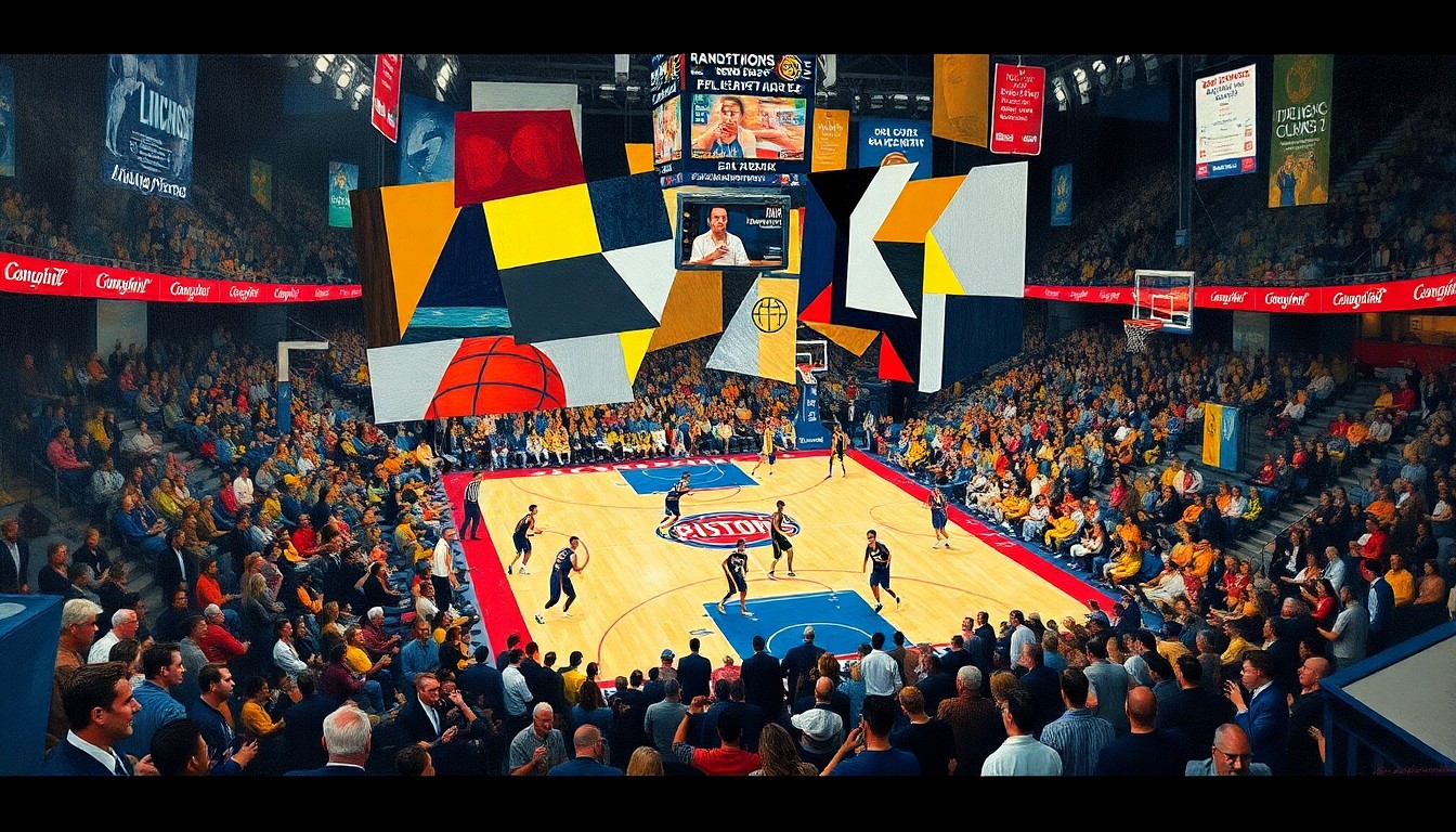 A fractured, multi-perspective painting in the cubist style, breaking down a basketball game between the Detroit Pistons and Indiana Pacers into sharp, overlapping geometric planes, capturing the energy and movement of the players and the crowd.