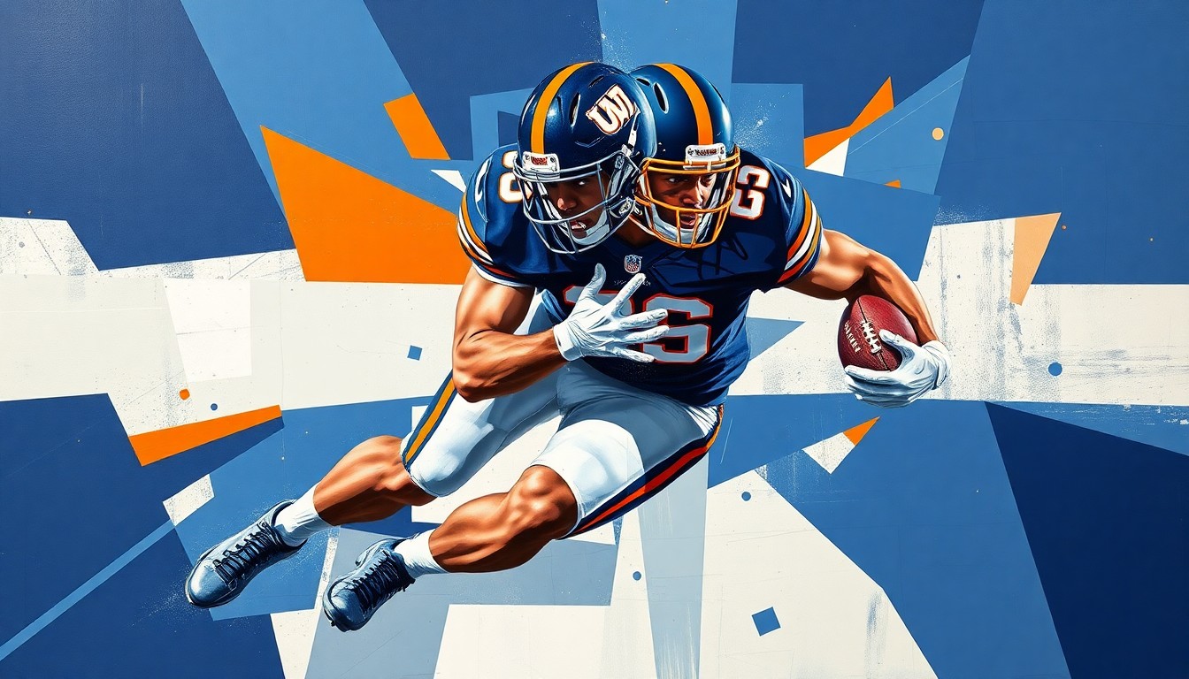 A cubist, geometric painting depicting a college football player in motion, with sharp, overlapping shapes and planes in navy blue, orange, and white, conveying the dynamic nature of the sport and the opportunity for a fresh start.