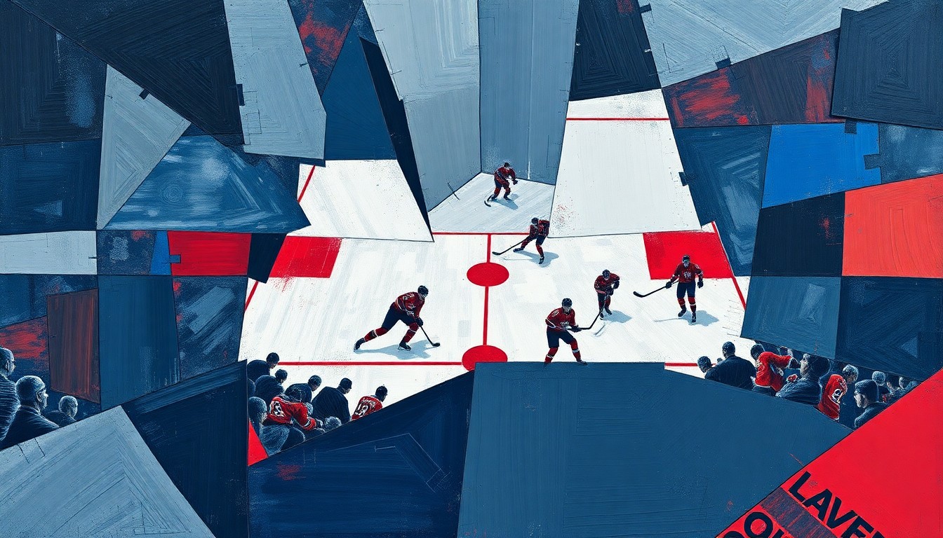 A cubist, geometric painting depicting a fragmented hockey scene with overlapping planes of navy, grey, and red, conveying the conceptual challenges of the Penguins' coaching staff search.