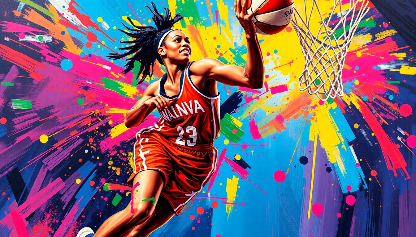 A dynamic, abstract painting in neon colors depicting the explosive movement and energy of a WNBA player driving to the basket, their features and jersey blurred into vibrant brushstrokes.