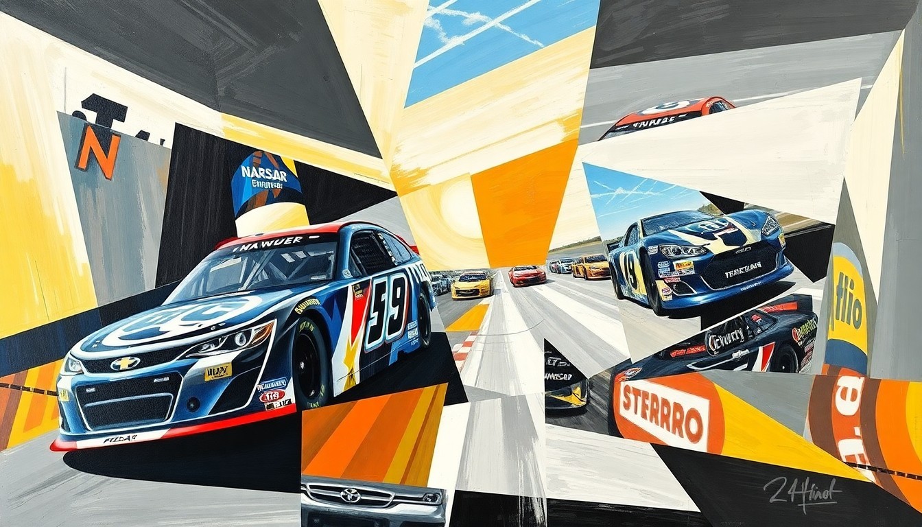 A fragmented, geometric painting depicting a NASCAR race scene, with cars and drivers represented as abstract shapes and forms, capturing the intensity and strategic elements of the sport.