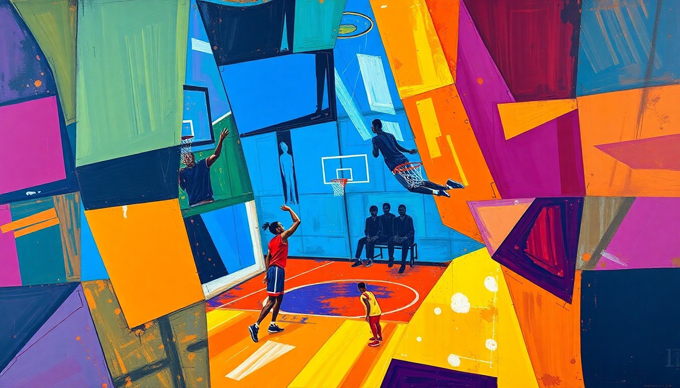 A cubist-style painting depicting a basketball training session, with players and equipment fragmented into sharp, overlapping geometric shapes in a vibrant color palette.